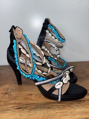 Ashro gauva chic Black Heeled Sandals with Turquoise Bead & Shell Accents 12M